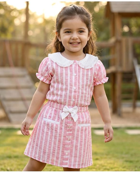 Babyhug Cotton Woven Half Sleeves Co-ords Top & Skirt Set with Stripes & Bow Applique - Pink