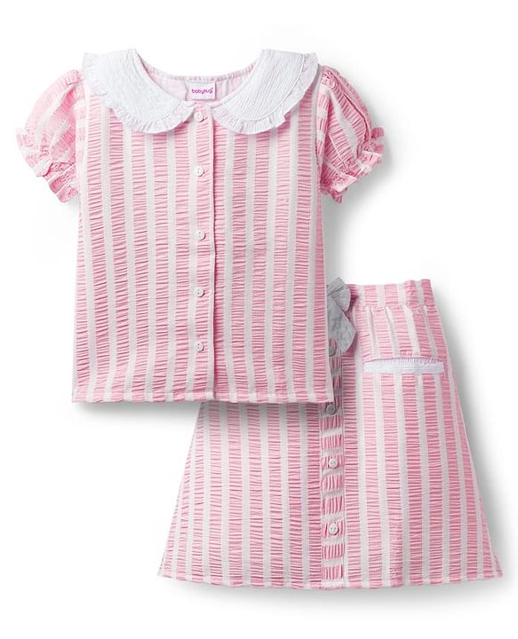 Babyhug Cotton Woven Half Sleeves Co-ords Top & Skirt Set with Stripes & Bow Applique - Pink