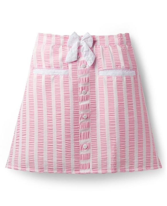 Babyhug Cotton Woven Half Sleeves Co-ords Top & Skirt Set with Stripes & Bow Applique - Pink