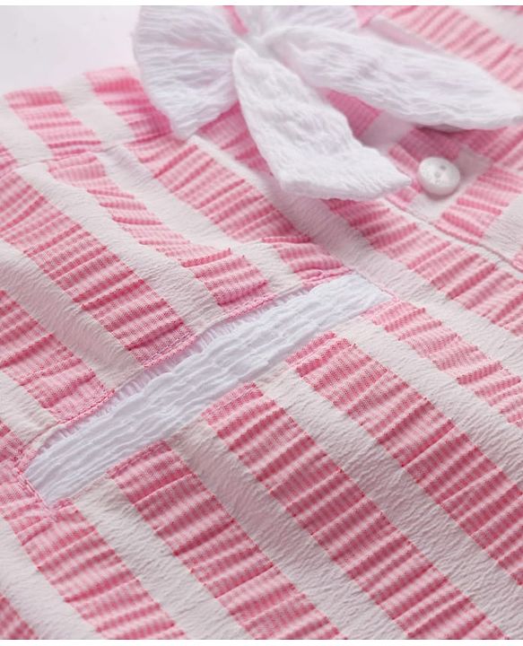 Babyhug Cotton Woven Half Sleeves Co-ords Top & Skirt Set with Stripes & Bow Applique - Pink