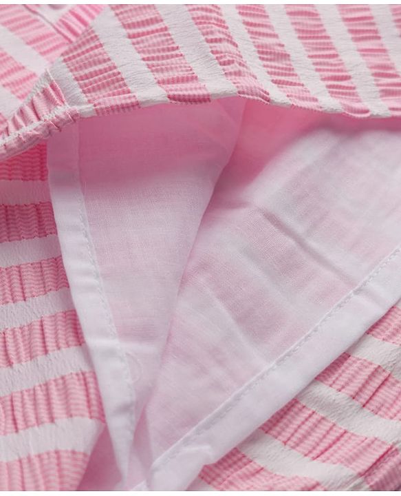 Babyhug Cotton Woven Half Sleeves Co-ords Top & Skirt Set with Stripes & Bow Applique - Pink