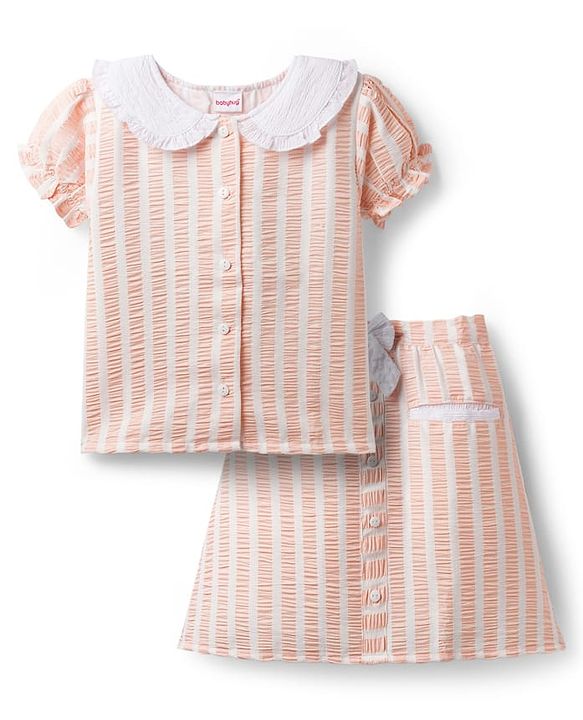 Babyhug Cotton Woven Half Sleeves Co-ords Top & Skirt Set with Stripes & Bow Applique - Orange