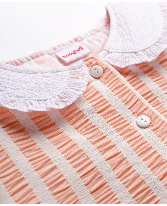 Babyhug Cotton Woven Half Sleeves Co-ords Top & Skirt Set with Stripes & Bow Applique - Orange