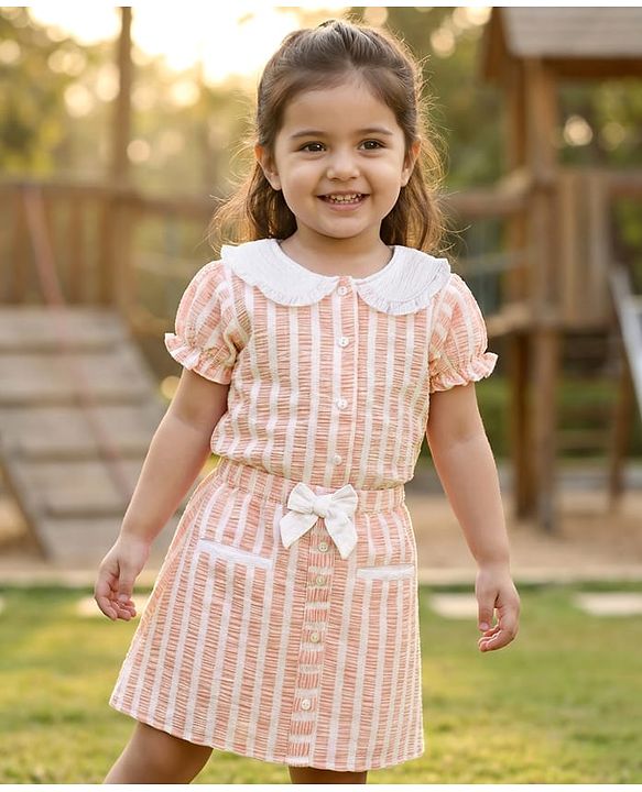 Babyhug Cotton Woven Half Sleeves Co-ords Top & Skirt Set with Stripes & Bow Applique - Orange