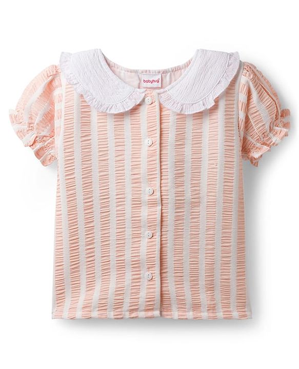 Babyhug Cotton Woven Half Sleeves Co-ords Top & Skirt Set with Stripes & Bow Applique - Orange