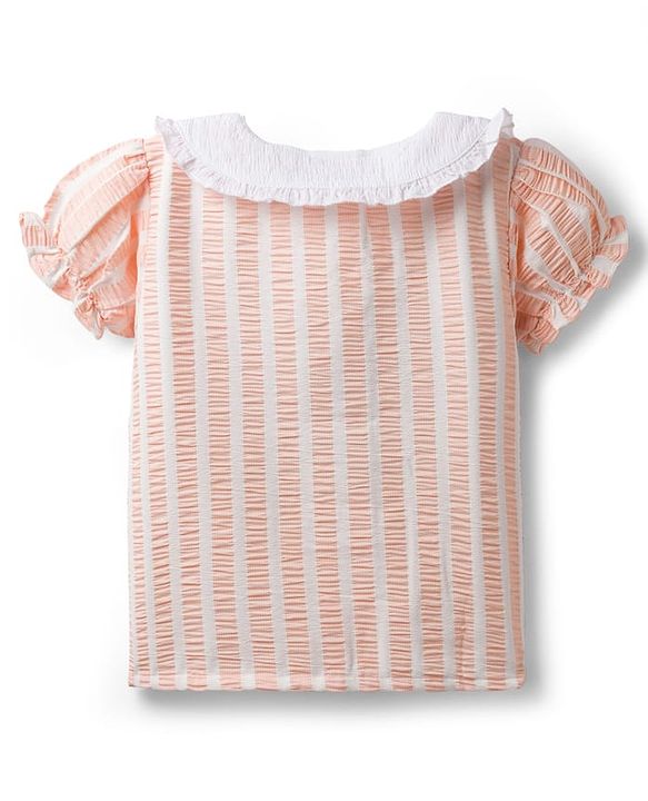 Babyhug Cotton Woven Half Sleeves Co-ords Top & Skirt Set with Stripes & Bow Applique - Orange