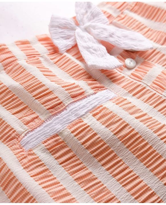 Babyhug Cotton Woven Half Sleeves Co-ords Top & Skirt Set with Stripes & Bow Applique - Orange