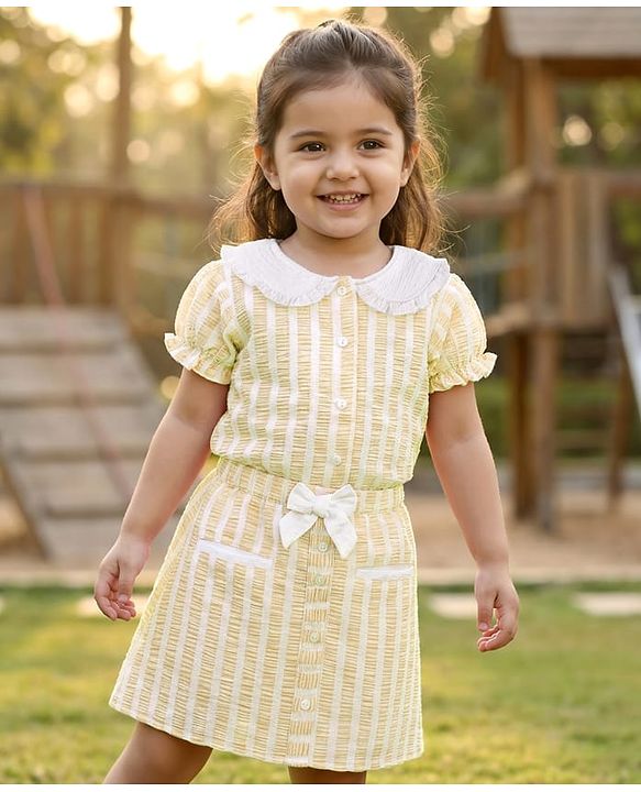 Babyhug Cotton Woven Half Sleeves Co-ords Top & Skirt Set with Stripes & Bow Applique - Yellow