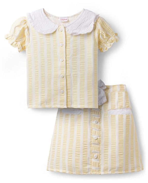 Babyhug Cotton Woven Half Sleeves Co-ords Top & Skirt Set with Stripes & Bow Applique - Yellow