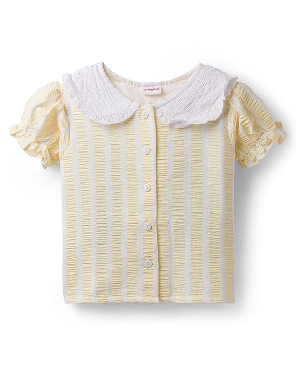Babyhug Cotton Woven Half Sleeves Co-ords Top & Skirt Set with Stripes & Bow Applique - Yellow