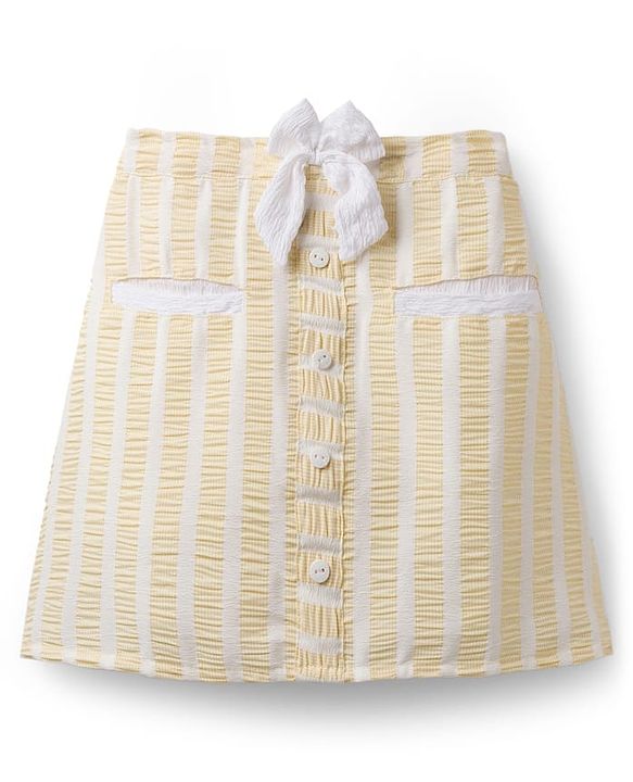 Babyhug Cotton Woven Half Sleeves Co-ords Top & Skirt Set with Stripes & Bow Applique - Yellow