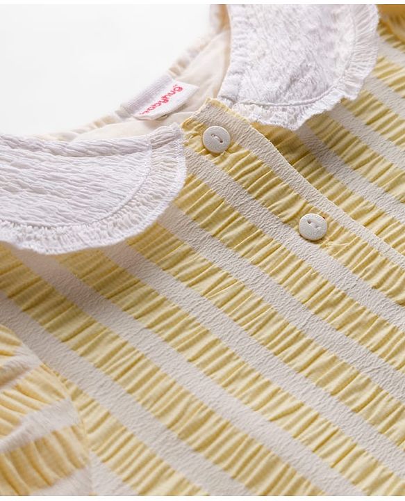 Babyhug Cotton Woven Half Sleeves Co-ords Top & Skirt Set with Stripes & Bow Applique - Yellow