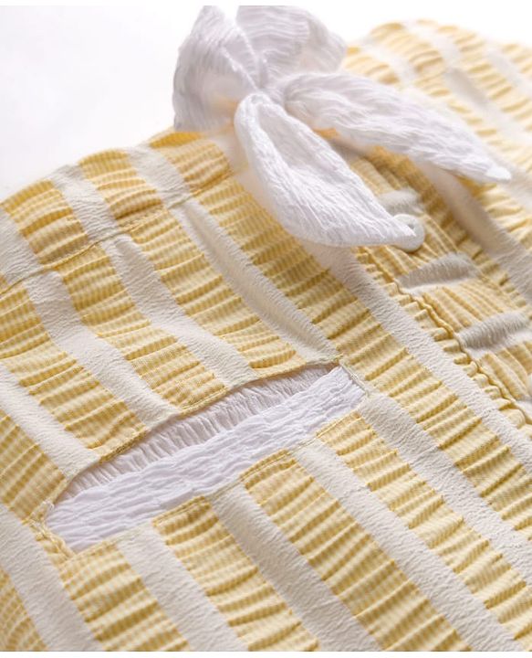 Babyhug Cotton Woven Half Sleeves Co-ords Top & Skirt Set with Stripes & Bow Applique - Yellow