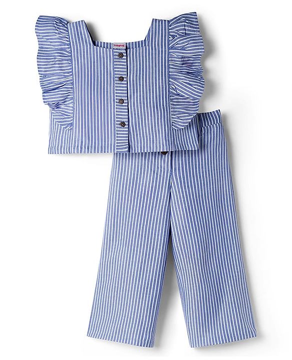 Babyhug Cotton Woven Frill Sleeves Striped Top & Lounge Pant Co-ord Set - Blue