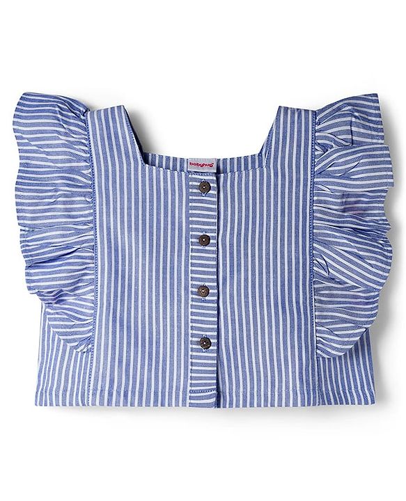 Babyhug Cotton Woven Frill Sleeves Striped Top & Lounge Pant Co-ord Set - Blue