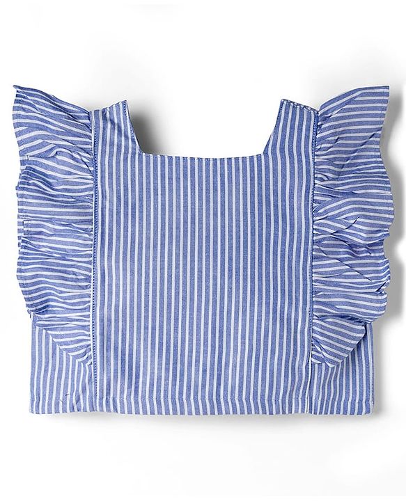 Babyhug Cotton Woven Frill Sleeves Striped Top & Lounge Pant Co-ord Set - Blue