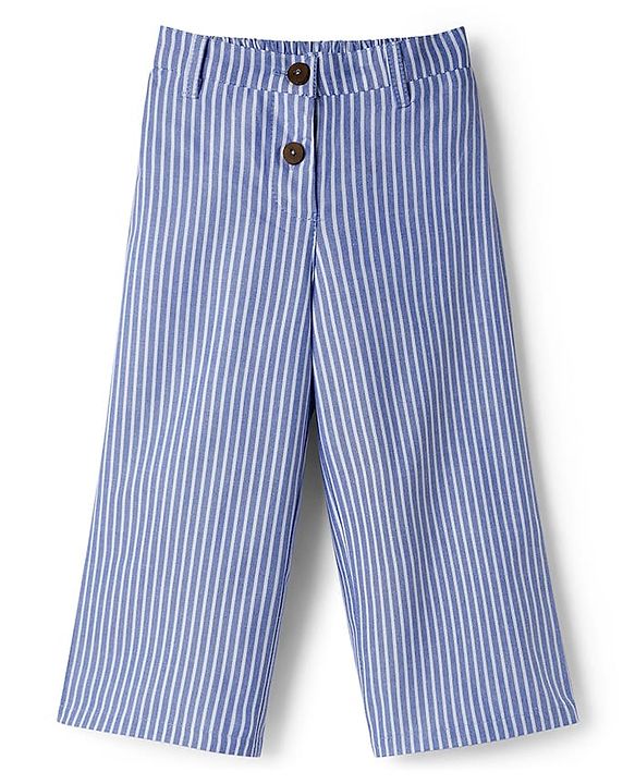 Babyhug Cotton Woven Frill Sleeves Striped Top & Lounge Pant Co-ord Set - Blue