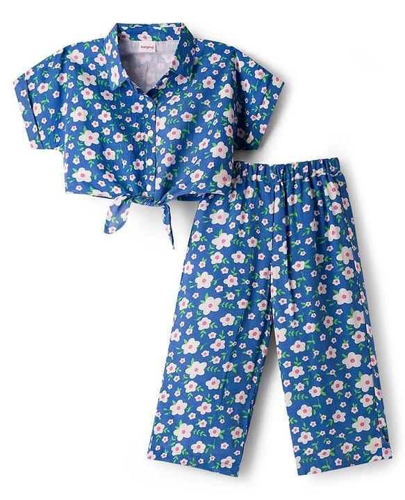 Babyhug Cotton Woven Half Sleeves Top & Lounge Pant Co-ord Set With Floral Print - Blue