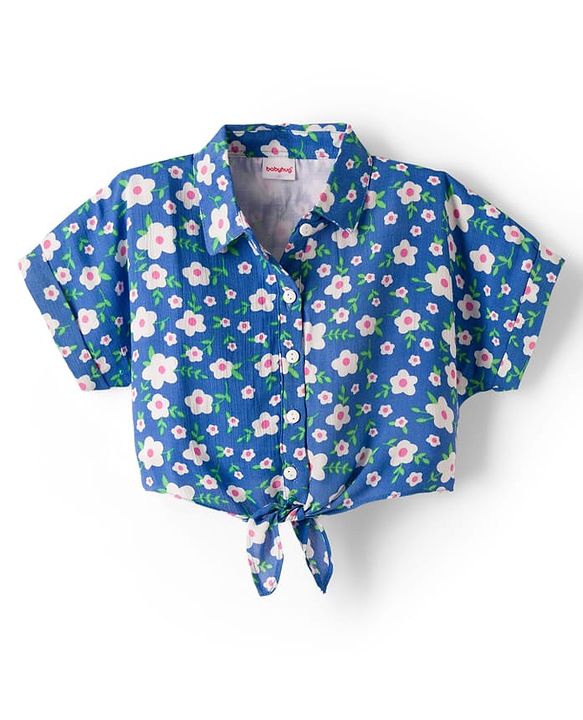 Babyhug Cotton Woven Half Sleeves Top & Lounge Pant Co-ord Set With Floral Print - Blue