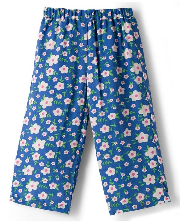 Babyhug Cotton Woven Half Sleeves Top & Lounge Pant Co-ord Set With Floral Print - Blue