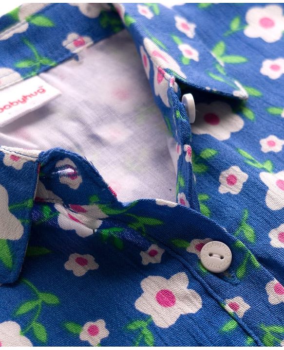 Babyhug Cotton Woven Half Sleeves Top & Lounge Pant Co-ord Set With Floral Print - Blue