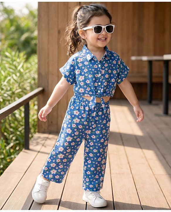 Babyhug Cotton Woven Half Sleeves Top & Lounge Pant Co-ord Set With Floral Print - Blue