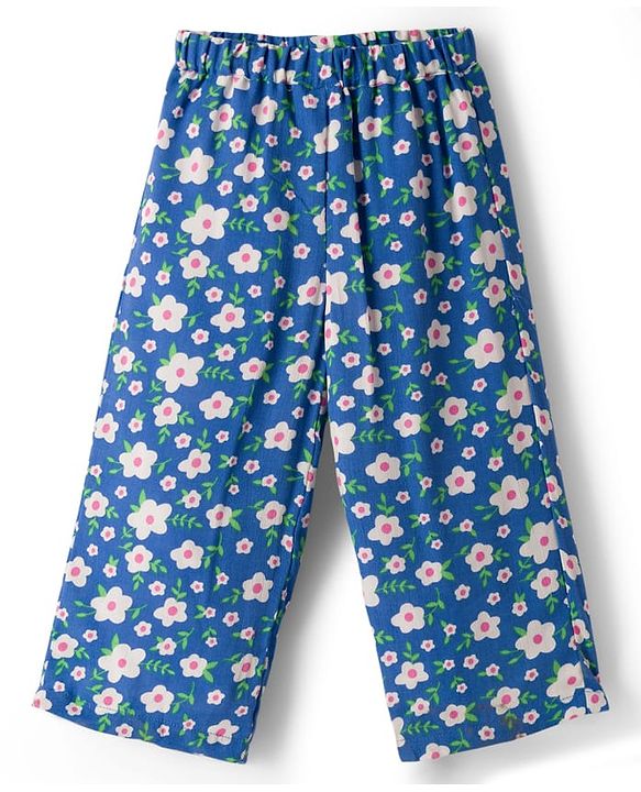 Babyhug Cotton Woven Half Sleeves Top & Lounge Pant Co-ord Set With Floral Print - Blue