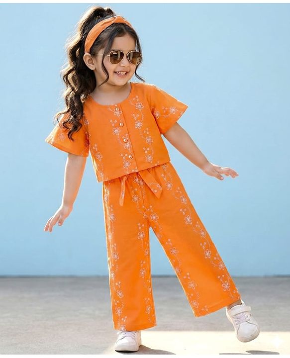 Babyhug Cotton Woven Half Sleeves Co-ords Top & Culottes Set with Belt & Floral Embroidery - Orange