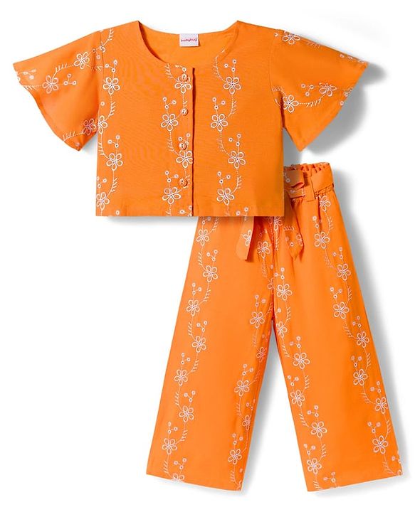 Babyhug Cotton Woven Half Sleeves Co-ords Top & Culottes Set with Belt & Floral Embroidery - Orange