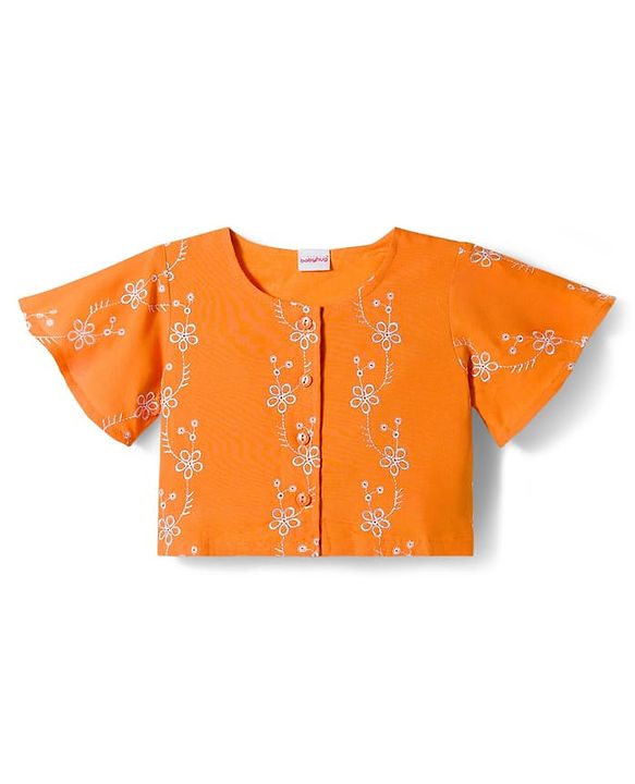 Babyhug Cotton Woven Half Sleeves Co-ords Top & Culottes Set with Belt & Floral Embroidery - Orange