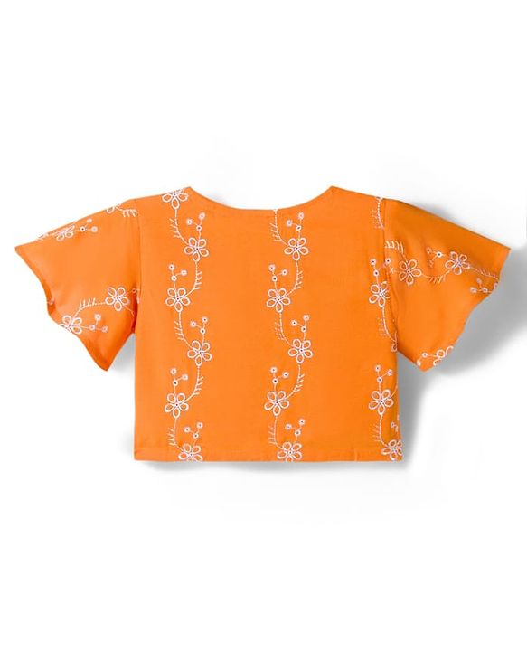 Babyhug Cotton Woven Half Sleeves Co-ords Top & Culottes Set with Belt & Floral Embroidery - Orange