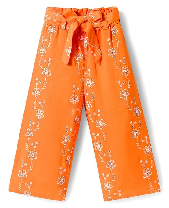 Babyhug Cotton Woven Half Sleeves Co-ords Top & Culottes Set with Belt & Floral Embroidery - Orange