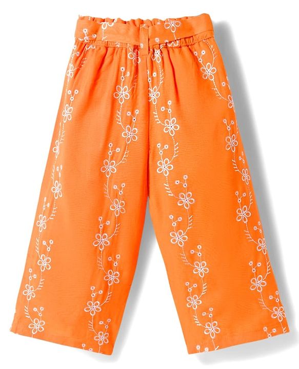 Babyhug Cotton Woven Half Sleeves Co-ords Top & Culottes Set with Belt & Floral Embroidery - Orange
