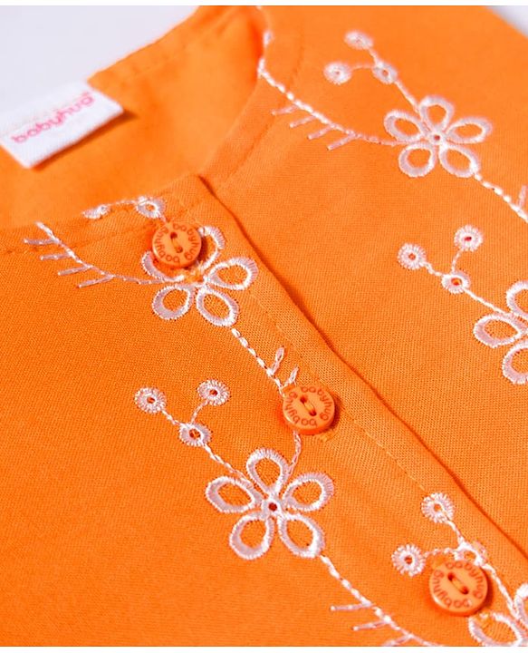 Babyhug Cotton Woven Half Sleeves Co-ords Top & Culottes Set with Belt & Floral Embroidery - Orange