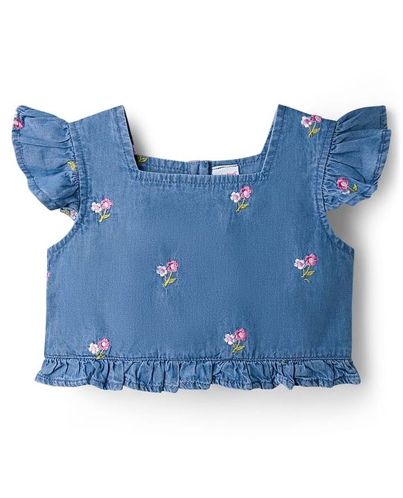 Babyhug Cotton Woven Half Sleeves Floral Embroidered Co-ord Top & Pant Set - Blue