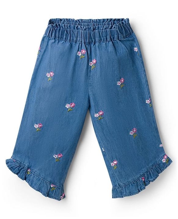 Babyhug Cotton Woven Half Sleeves Floral Embroidered Co-ord Top & Pant Set - Blue