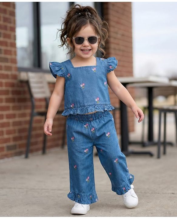 Babyhug Cotton Woven Half Sleeves Floral Embroidered Co-ord Top & Pant Set - Blue
