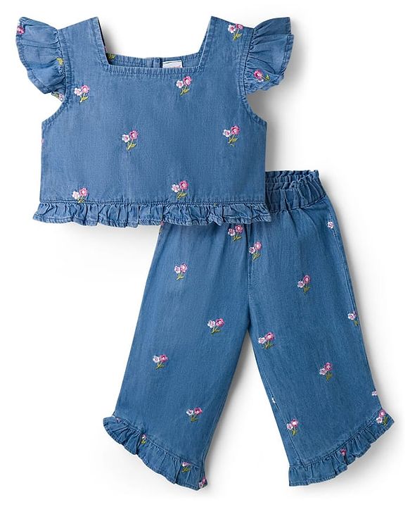Babyhug Cotton Woven Half Sleeves Floral Embroidered Co-ord Top & Pant Set - Blue