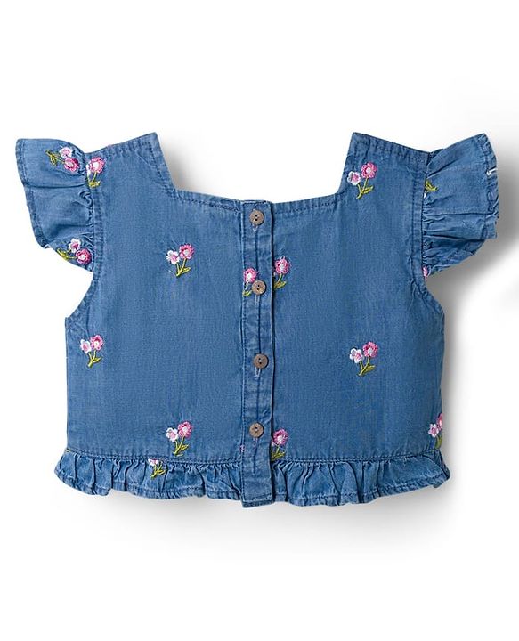 Babyhug Cotton Woven Half Sleeves Floral Embroidered Co-ord Top & Pant Set - Blue