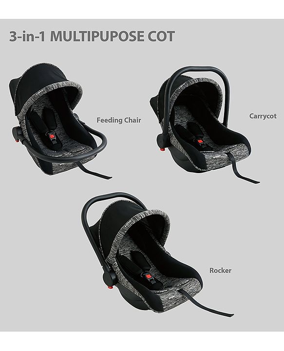 Babyhug Cloud Cradle 3-in-1 Baby Carry Cot  Black| Rocker & Baby Seat| Safety Harness| Adjustable Canopy| Lightweight Portable Design| Removable & Washable Cover| 015 Months