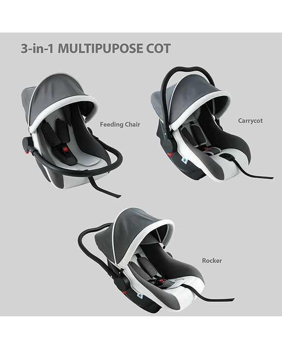 Babyhug Cloud Cradle 3-in-1 Baby Carry Cot  White Grey| Rocker & Baby Seat| Safety Harness| Adjustable Canopy| Lightweight Portable Design| Removable & Washable Cover| 015 Months