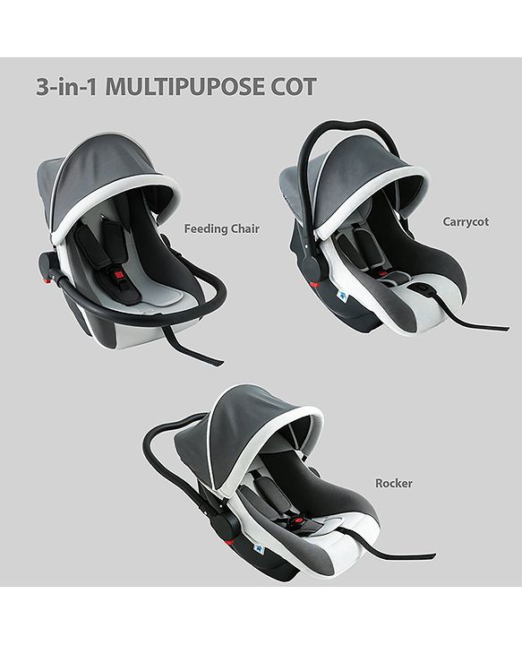 Babyhug Cloud Cradle 3-in-1 Baby Carry Cot  White Grey| Rocker & Baby Seat| Safety Harness| Adjustable Canopy| Lightweight Portable Design| Removable & Washable Cover| 015 Months
