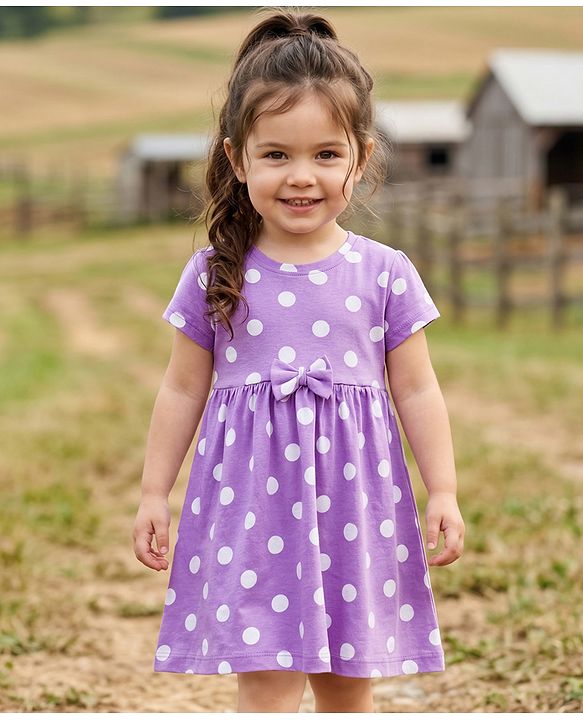 Babyhug Single Jersey Knit Half Sleeves Frock With Polka Dot Print & Bow Applique - Purple