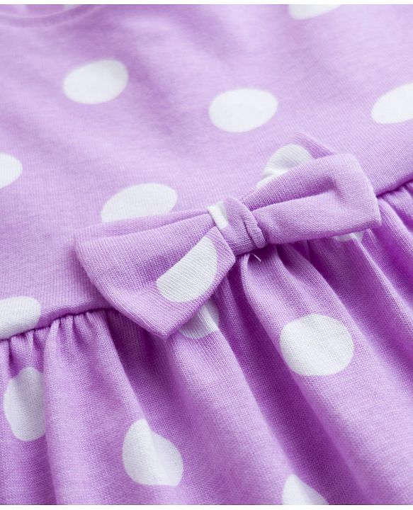 Babyhug Single Jersey Knit Half Sleeves Frock With Polka Dot Print & Bow Applique - Purple