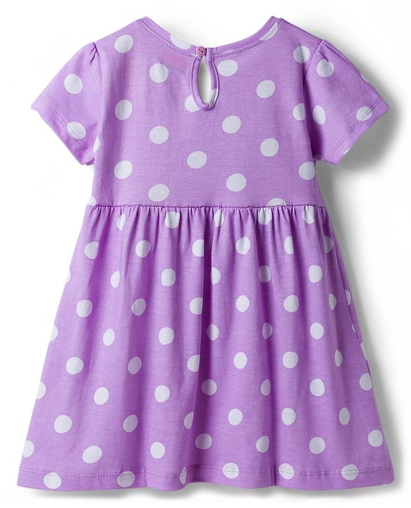 Babyhug Single Jersey Knit Half Sleeves Frock With Polka Dot Print & Bow Applique - Purple