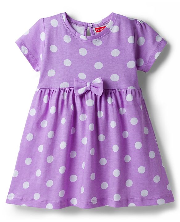 Babyhug Single Jersey Knit Half Sleeves Frock With Polka Dot Print & Bow Applique - Purple