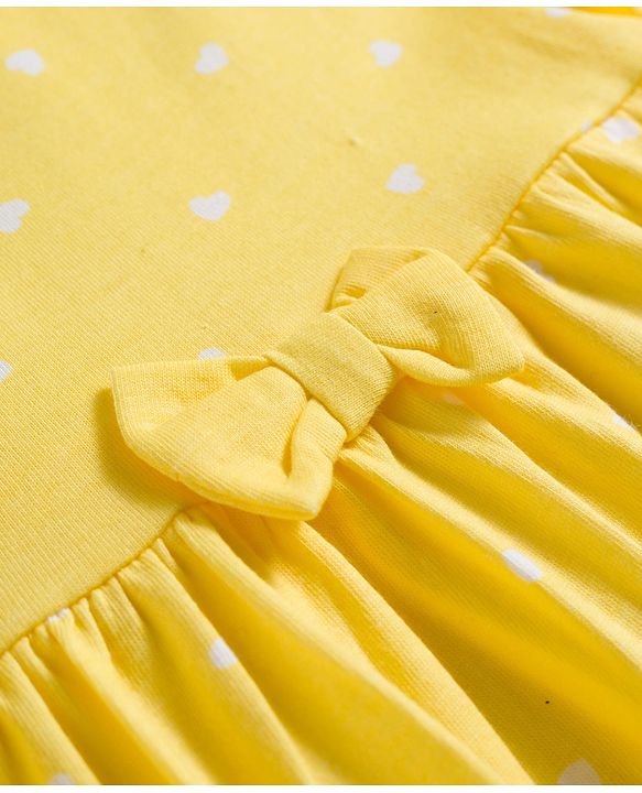 Babyhug 100% Cotton Knit Half Sleeves Hearts Printed Frock With Bow Applique- Yellow