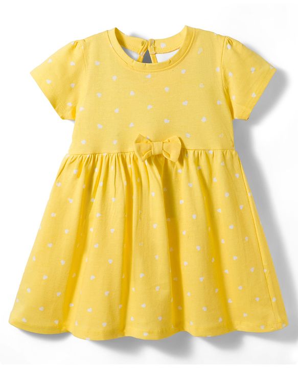 Babyhug 100% Cotton Knit Half Sleeves Hearts Printed Frock With Bow Applique- Yellow