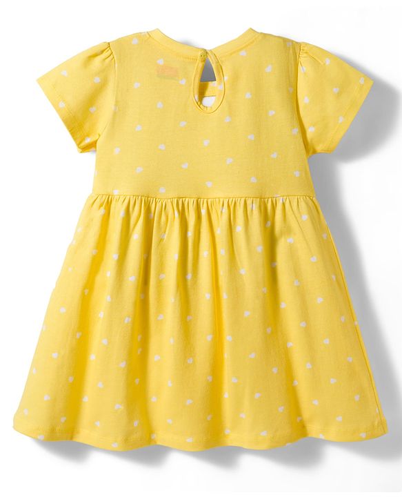 Babyhug 100% Cotton Knit Half Sleeves Hearts Printed Frock With Bow Applique- Yellow