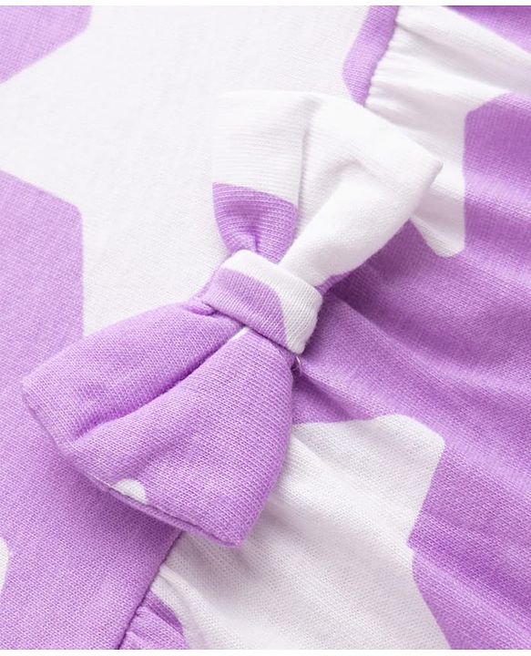Babyhug Single Jersey Knit Half Sleeves Star Printed Frock with Bow Applique - White & Lilac